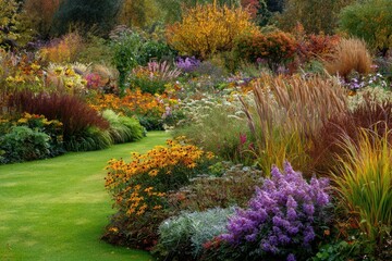 Charming Autumn Garden: A Vibrant Landscape Displaying Colorful Flowers, Seedheads, and Foliage with Expansive Lawn and Ample Copy Space