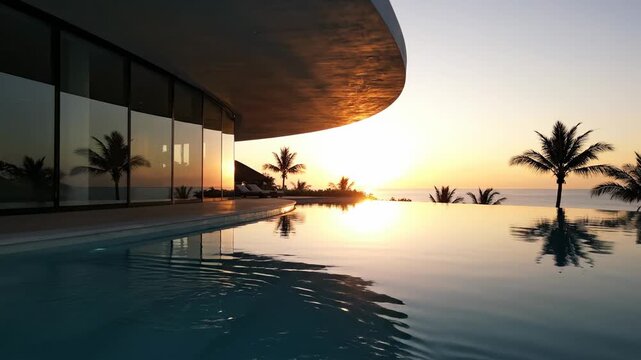 Sunset over ocean view from luxury villa with infinity pool and palm trees at tropical resort. Relaxation in exotic travel destination idea.