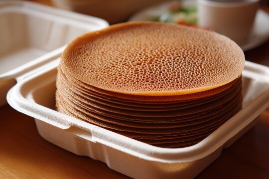 Foam Container Filled with a Stack of Traditional Ethiopian Injera Bread for Delicious Breakfast or Lunch