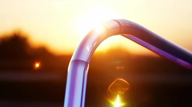 A colorful railing stands prominently against a glowing sunset, capturing the light beautifully. This railing emphasizes the vibrant colors of the sunset in a serene setting.