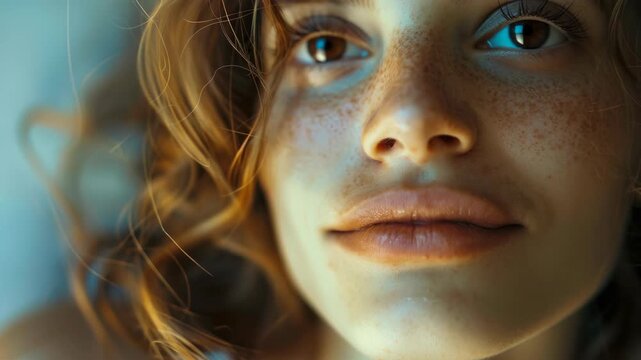 Freckled woman's face gazing off, close-up .