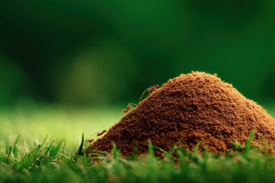 Closeup of Fire Ant Hill in Lush Green Grass, Featuring Copy Space for Text