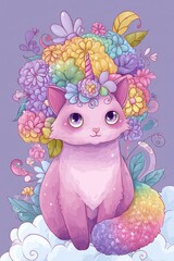 Whimsical Kittycorn: A Cute Cartoon Cat with Rainbow Mane and Floral Accents