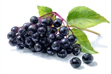 Botanical Elderberry Watercolor: Isolated Black Berries on Pure White Background