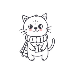 Obraz premium Cute cartoon cat isolated on white. Cartoon kitten character in doodle style. Christmas Illustration for design, banners, children's books and patterns. Vector