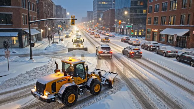 Snow plow truck clearing a city street with cars driving during a winter snowstorm. Road clearing during hazardous weather for transportation.