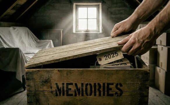 Hands opening wooden memory box in attic with sunbeams through window uncovering tags for years 2023 2024 and 2025 reflecting nostalgia and passage of time in dusty storage room setting.