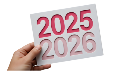 Hand holds a sign showing the years 2025 and 2026, representing future planning, goals, and timelines with a focus on upcoming years and opportunities