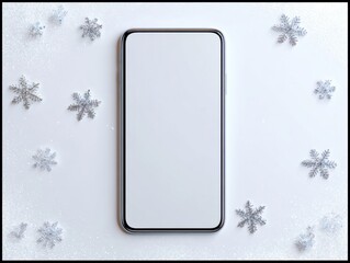 Ultra realistic top down smartphone with snowflakes on white background for winter design