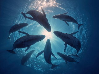 Fototapeta premium Summary Group of humpback whales swimming in a circle underwater, sunny underwater lighting, vibrant colors, hyperrealistic, cinematic, phone wallpaper style - AI-Generated