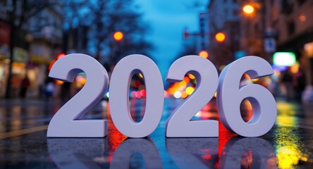 New Year 2026 Celebration with Wooden Numbers on City Street at Night