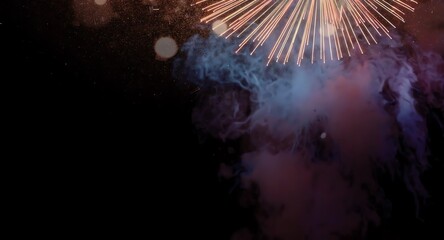 Night Sky Fireworks with Copy Space for Text or Design, a dazzling fireworks display lighting up a dark night sky. The vibrant golden, orange, and white fireworks explode across the top half of the fr