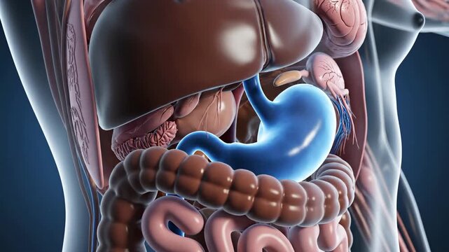 3D Animation of Human Digestive System with Highlighted Stomach and Organs.