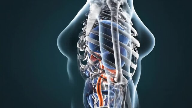 3D Animation of the Human Female Digestive System with Stomach and Intestines.