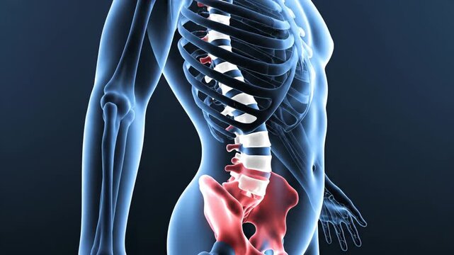 3D Human Anatomy X-Ray Scan Showing Skeleton with Highlighted Pelvis and Spine Medical Animation.