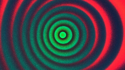 Concentric wave gradient with vibrant green red colors forming hypnotic circular ripples created from thousands of individual dots. Layered circular gradients combined with film grain texture. Vector