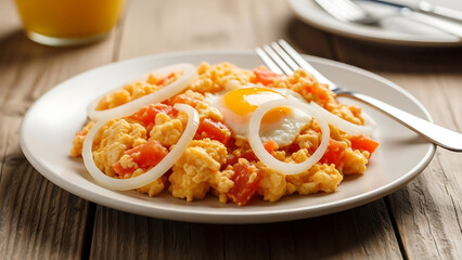 Fototapeta premium Perico Venezolano Scrambled Eggs With Tomato and Onion on Wooden Table
