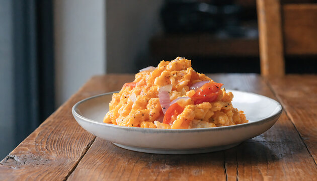 Perico Venezolano Scrambled Eggs With Tomato and Onion on Wooden Table