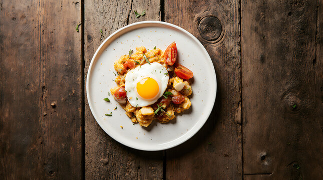 Perico Venezolano Scrambled Eggs With Tomato and Onion on Wooden Table