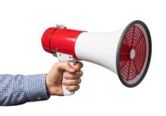 Crisp macro shot of a caucasian male hand in a blue gingham shirt cuff, firmly holding a vintage red and white megaphone on a zero-shadow gray background. Concept for persuasive communication