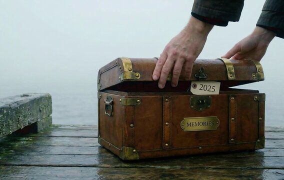 Person opening vintage wooden trunk labeled memories with a tag showing 2025 on a wet wooden dock by a calm body of water under a cloudy sky symbolizing past year reflections.