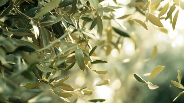 Close-up of olive tree leaves with sunlight filtering through.