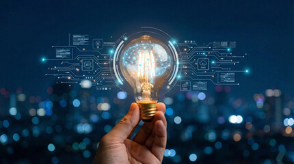 Hand holding a glowing light bulb with digital brain and data flow interface, symbolizing artificial intelligence, big data innovation, creative technology, and futuristic digital transformation.
