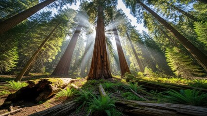 Towering trees and sunlight filtering through forest canopy