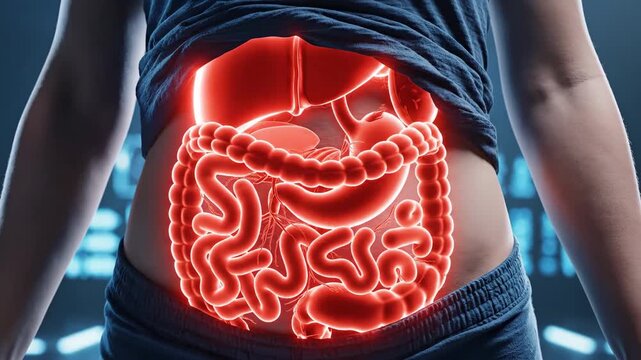 Human Digestive System Illustration on a Persons Abdomen Showing Organs and Intestines.
