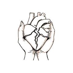 Hand-drawn illustration of broken heart held in two hands cracked heart symbol