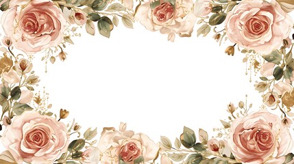Luxury watercolor floral frame with soft blush pink, dusty rose, and champagne beige flowers, elegant roses and delicate blossoms with realistic layered petals