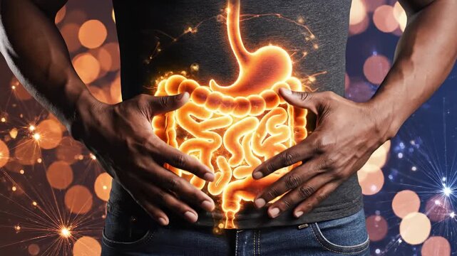 Man suffering from stomach pain due to digestive problems, a glowing human gut is shown in the abdomen.