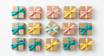 Colorful gift boxes arranged in a grid