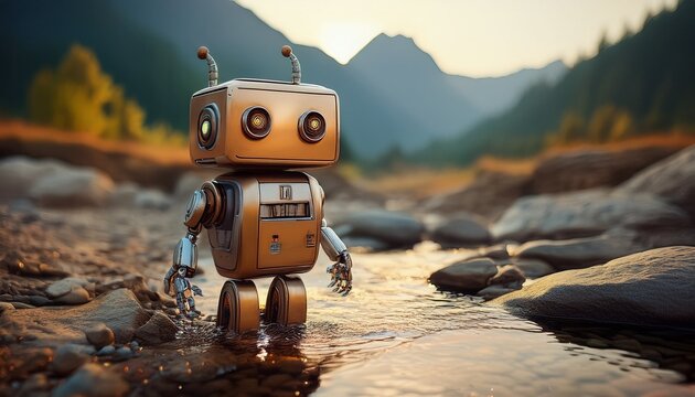 a small rustic boxy robot stands in a shallow rocky stream mountains loom in the background