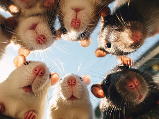 Close-up photograph of 10 pet rats curiously staring at the camera, set against a blurred blue sky The image focuses on three sharp rodents with pink noses and earthy brown fur - AI-Generated