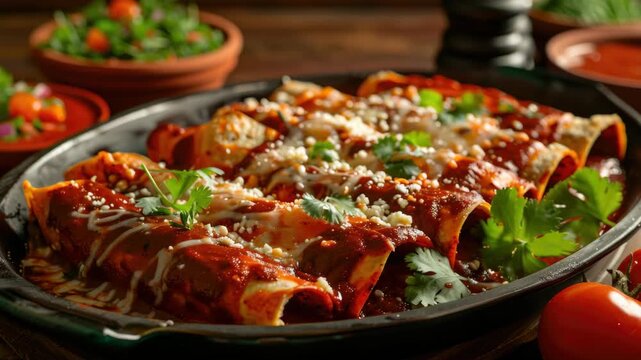 A close-up of a plate of enchiladas with sauce and herbs.