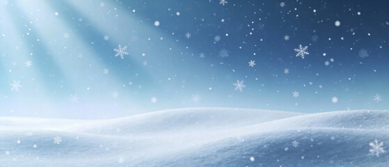 Winter holiday background with soft falling snow, cool blue tones and subtle light rays, minimal festive design with smooth gradient and large copy space for seasonal banners and advertising