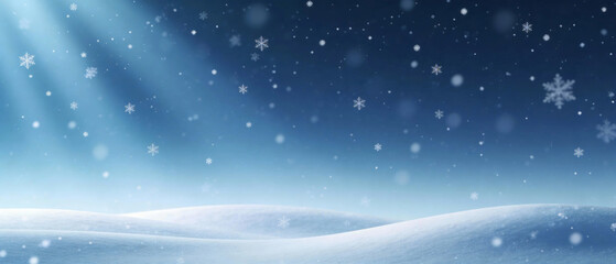Winter holiday background with soft falling snow, cool blue tones and subtle light rays, minimal festive design with smooth gradient and large copy space for seasonal banners and advertising