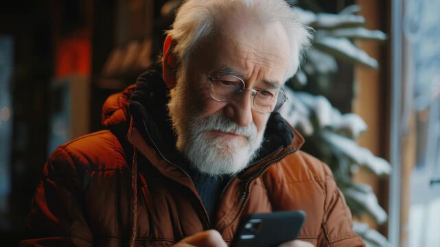 Older gentleman engrossed in cell phone.