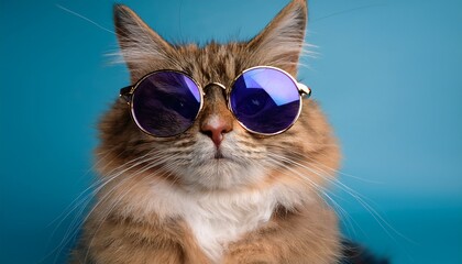 a fluffy cat wearing oversized sunglasses looking mischievous relaxed cat fashion