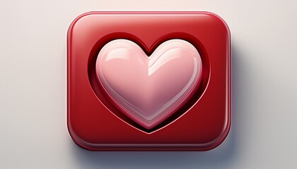 a light pink heart sits centered within a slightly larger square red button rendered in a 3d style against a white background
