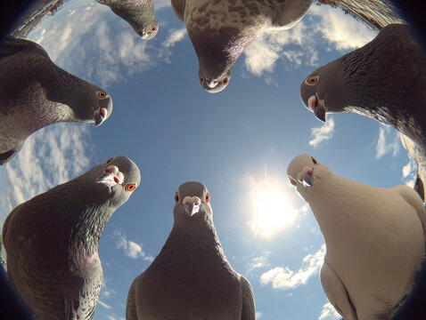 A circular arrangement of 10 unique pigeons, displayed against a clear blue sky with scattered clouds The birds face the center, creating cohesion within their flock Each pigeon exhib - AI-Generated