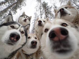 Fototapeta premium Close-up image of 10 Siberian huskies, curious and looking directly at the camera Outdoor setting with trees and snowy ground under a cloudy sky Soft lighting, naturalistic detail, em - AI-Generated