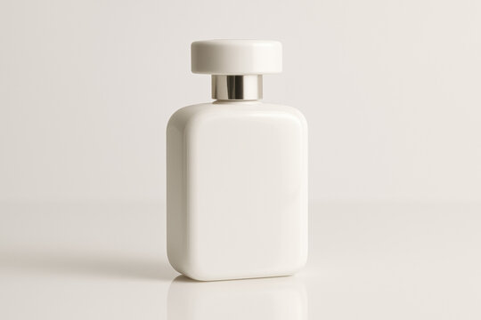 Perfume bottle in cloud dancer white, smooth reflections, luxury minimal aesthetic
