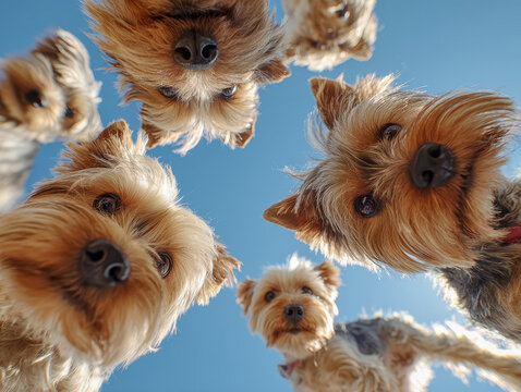 Close-up photograph of 10 Yorkshire Terriers and Bichon Frises, looking down at the camera Shallow depth of field with overhead view, bright daylight, fluffy white dogs with black mark - AI-Generated