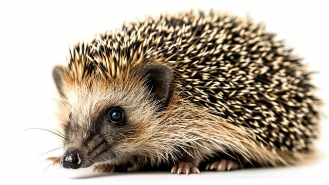 A close-up of a hedgehog with sharp spines and a cute face.