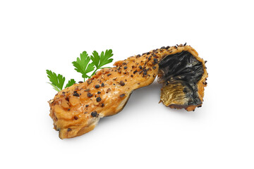 Hot smoked mackerel fillet with black pepper isolated on white background