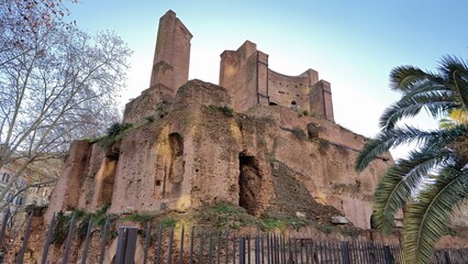Rome, Italy - 14 January 2025. The Trophies of Marius at Piazza Vittorio Emanuele II dominate the view with decayed brick arches and tall remnants, surrounded by fencing and winter trees.
