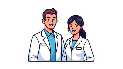 Fototapeta premium Professional couple in white lab coats standing together, smiling, and facing forward in a clinical environment.
