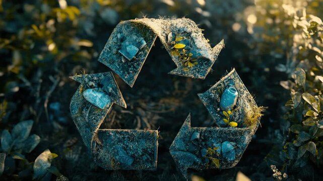 The recycling symbol is depicted in a striking and artistic manner. The design features an array of natural elements and textures, creating a visually stunning